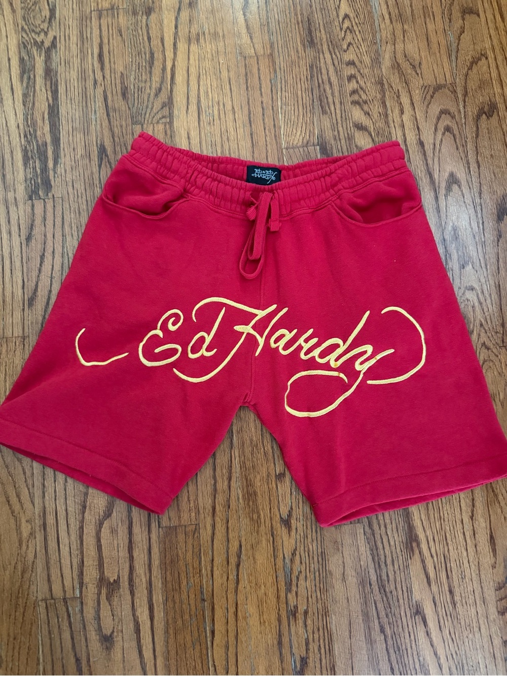 Ed Hardy Red Fleece Sweat Shorts Embroidered Yellow Spell-Out Logo
